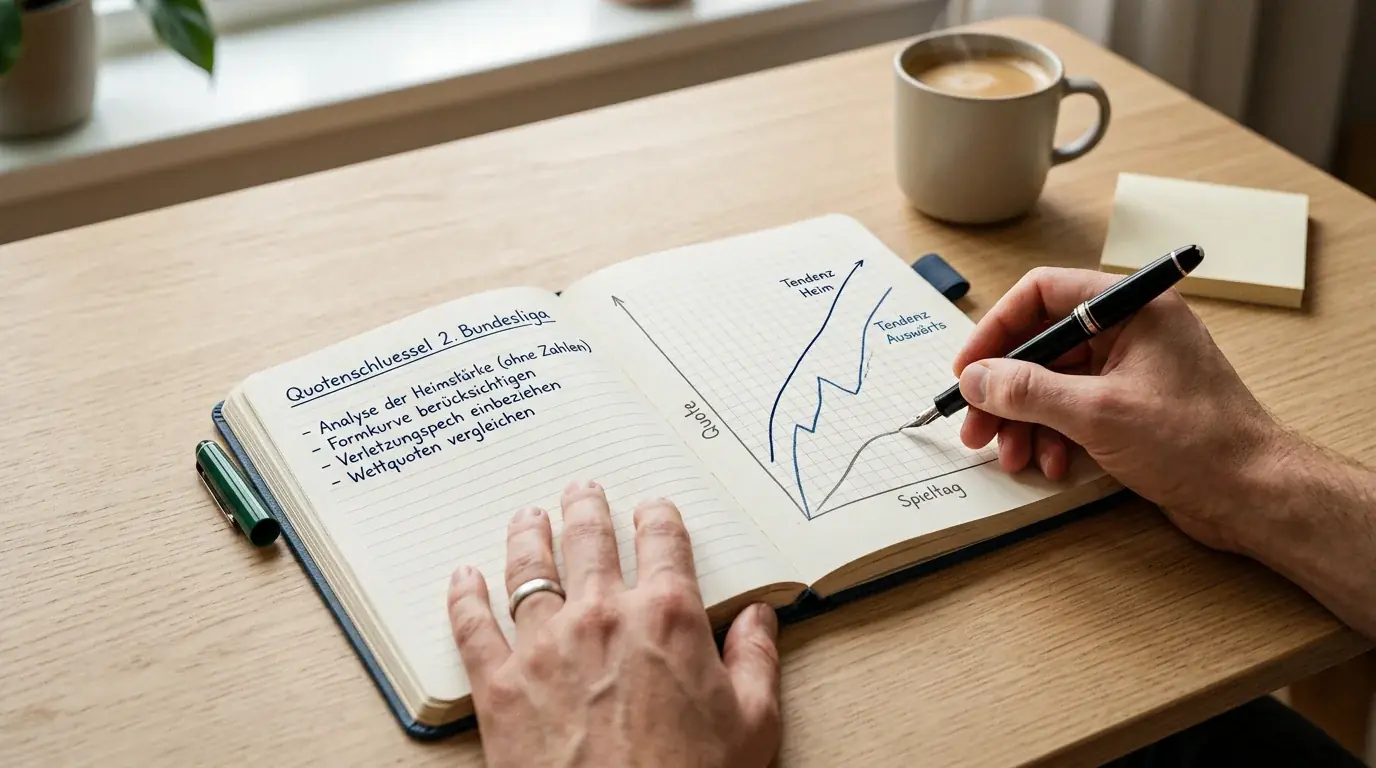 Analyse von Wettquoten und Quotenschlüssel im Notizbuch mit handschriftlichen Notizen